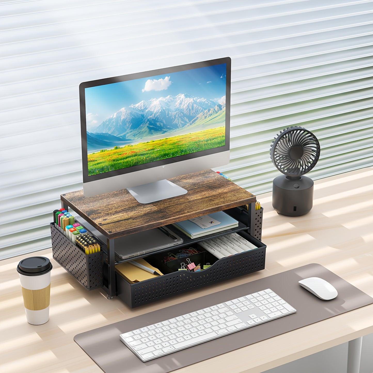 1 Monitor Stand with Storage Drawer and Pen Holder