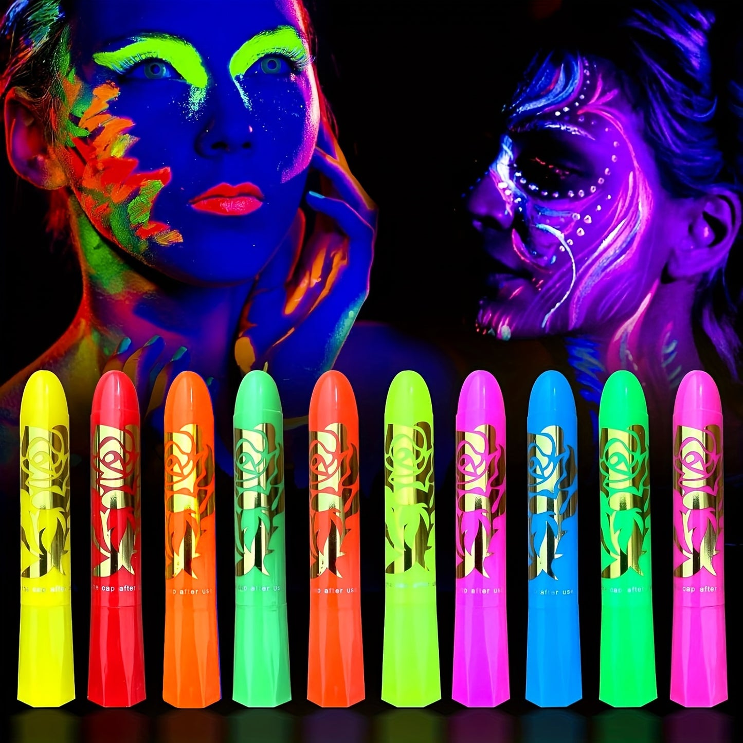 10pcs Neon Glow-in-the-Dark Face & Body Paint Sticks