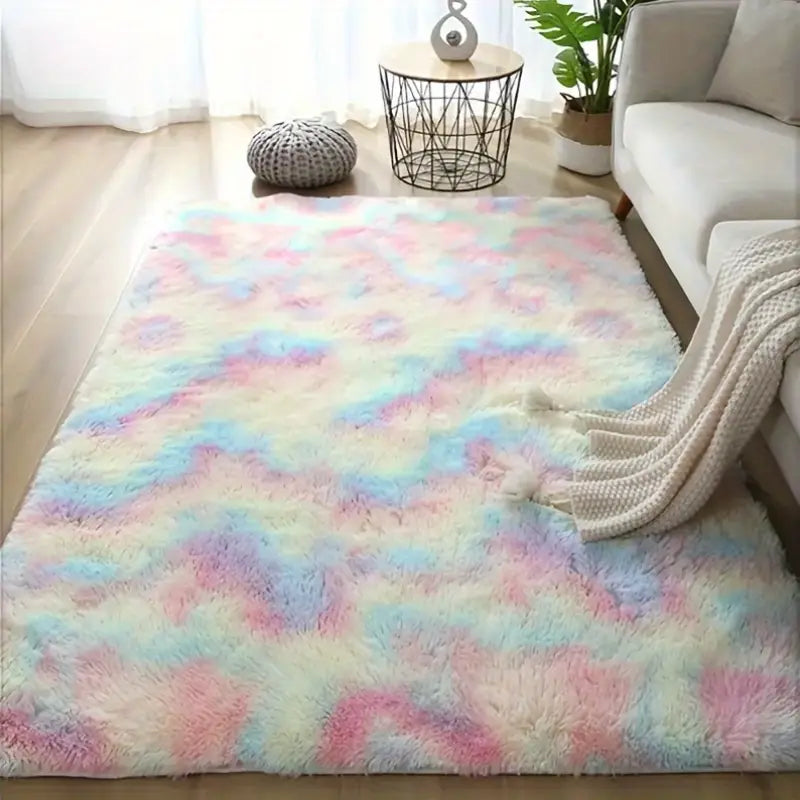 Machine Washable Striped Rainbow Fluffy Area Rug - High Pile