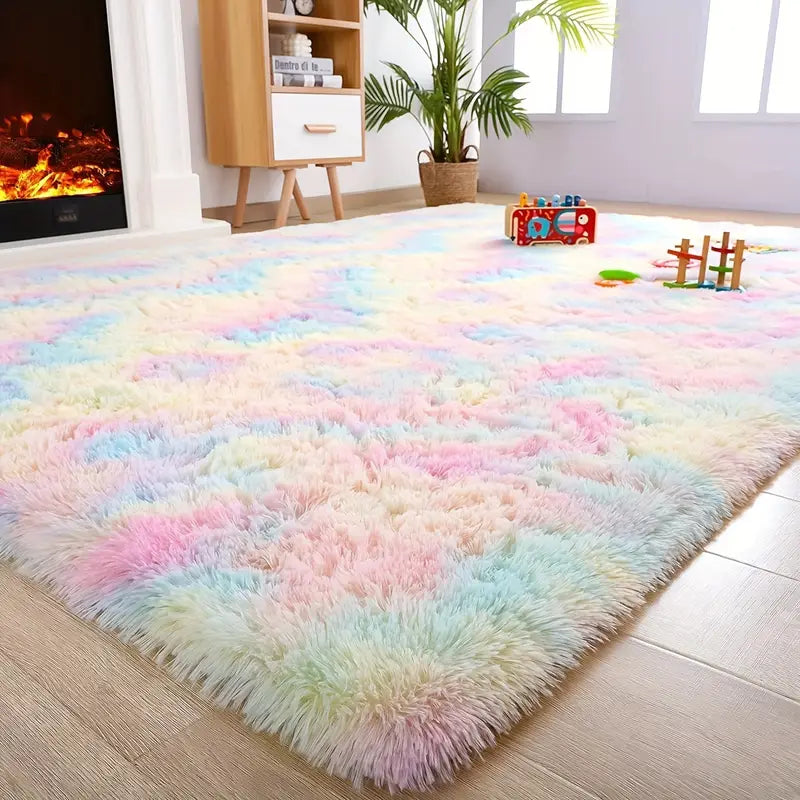 Machine Washable Striped Rainbow Fluffy Area Rug - High Pile