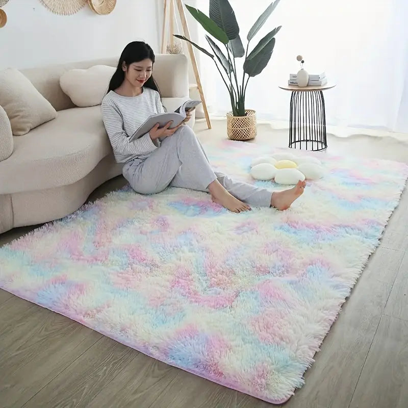 Machine Washable Striped Rainbow Fluffy Area Rug - High Pile