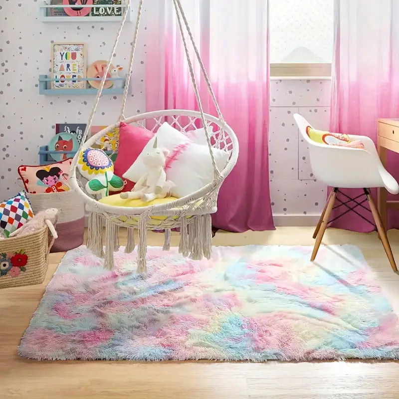 Machine Washable Striped Rainbow Fluffy Area Rug - High Pile