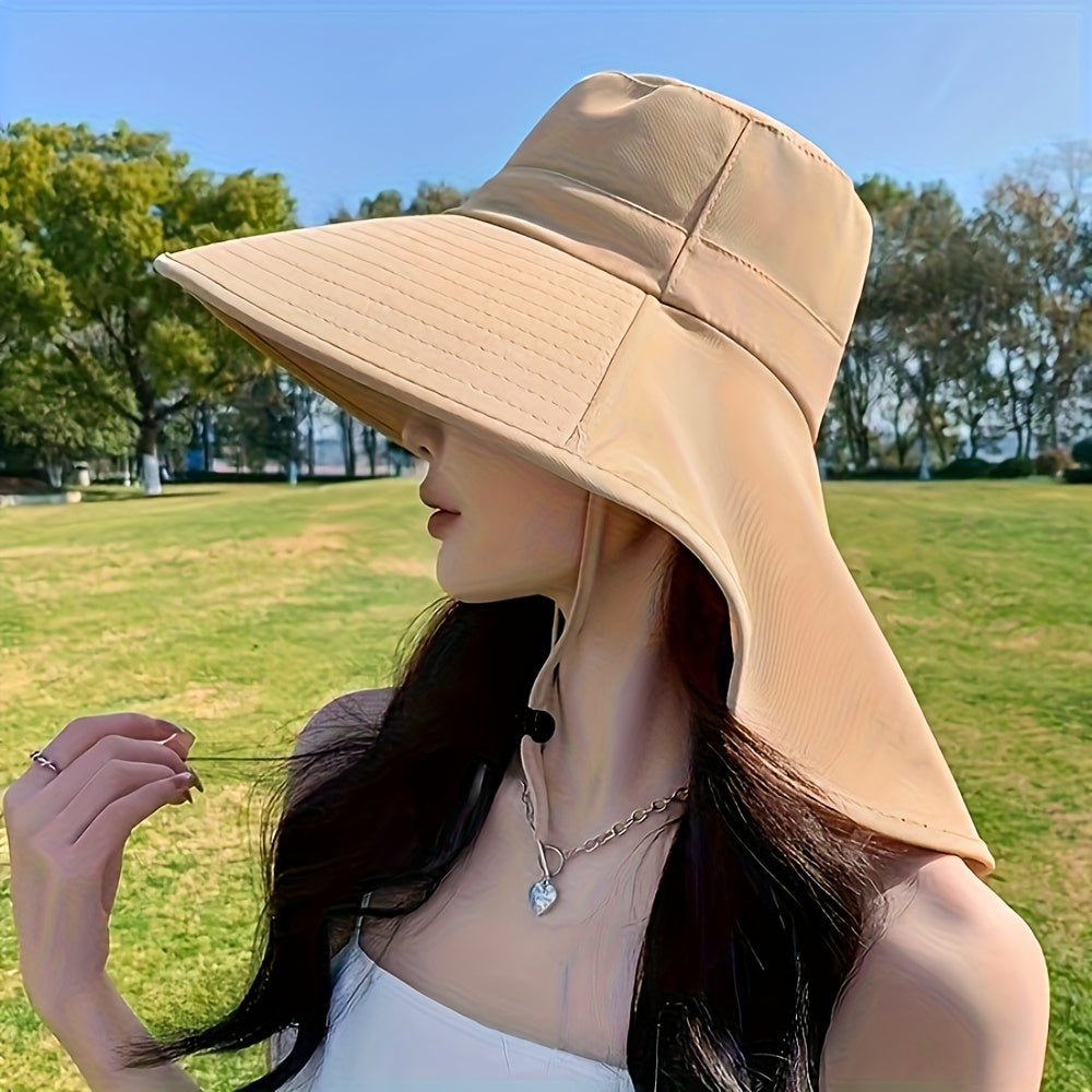 1pc Women'S Sun Hat with Neck Cover & Ponytail Hole - Wide Brim