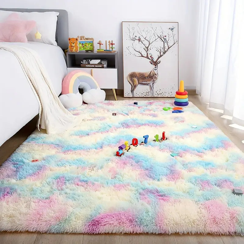 Machine Washable Striped Rainbow Fluffy Area Rug - High Pile