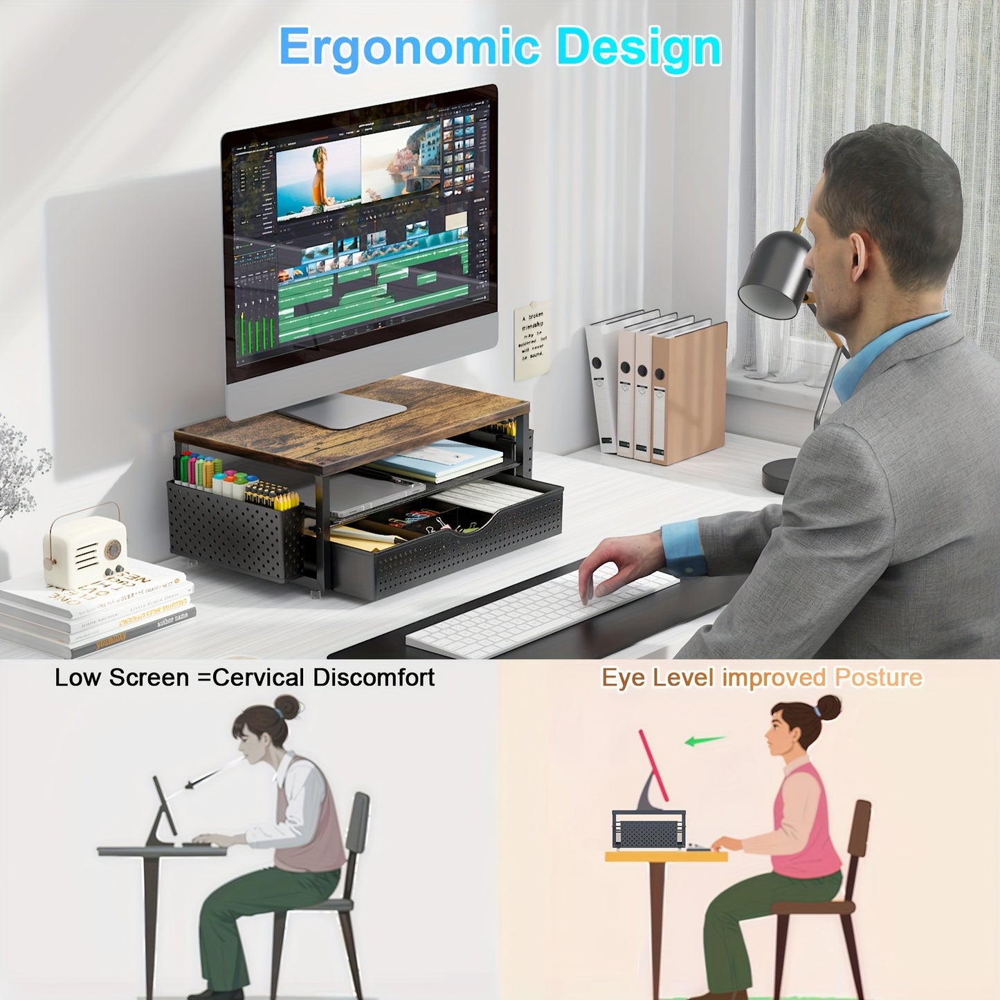 1 Monitor Stand with Storage Drawer and Pen Holder