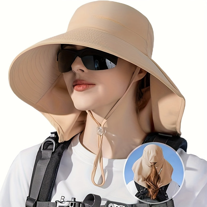 1pc Women'S Sun Hat with Neck Cover & Ponytail Hole - Wide Brim