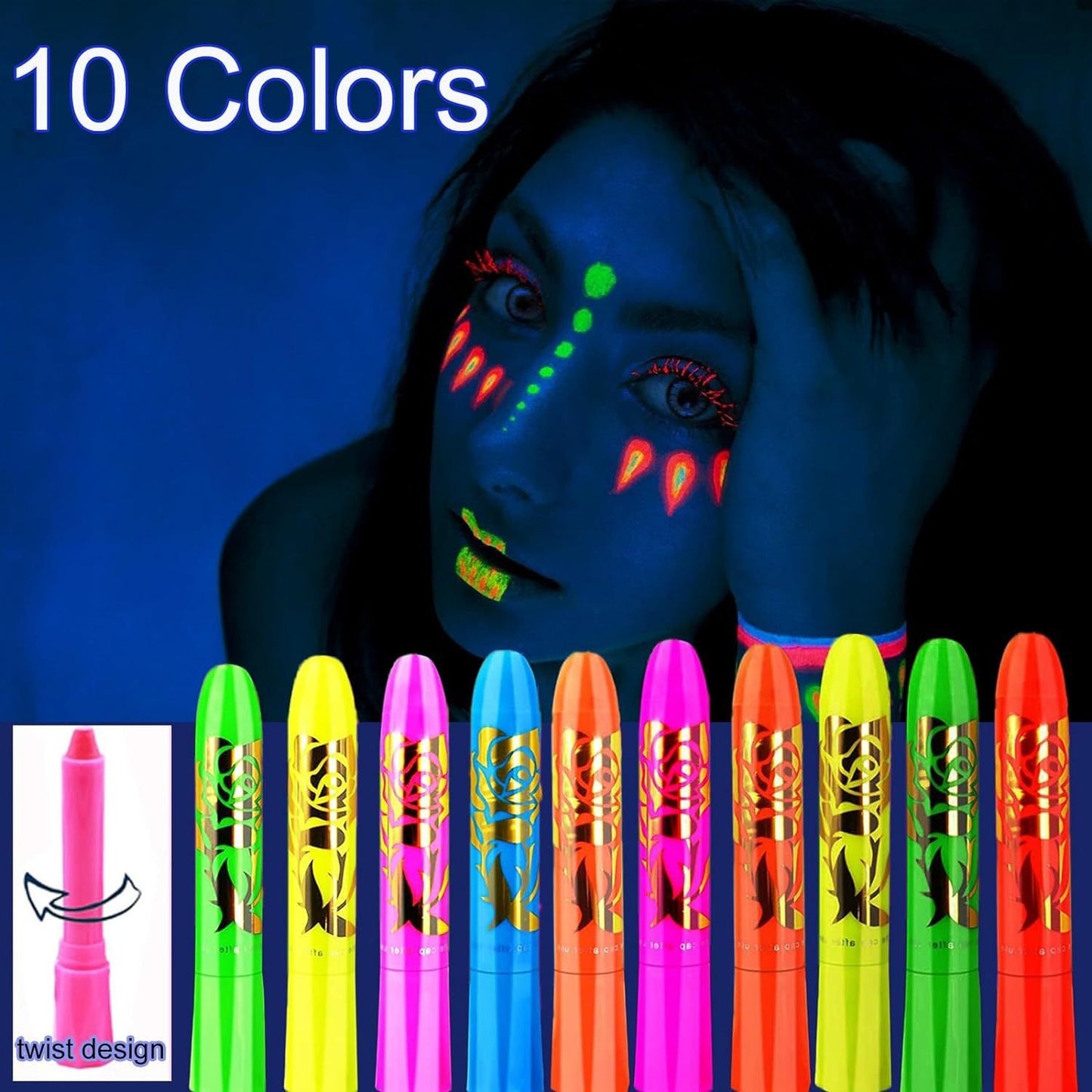 10pcs Neon Glow-in-the-Dark Face & Body Paint Sticks