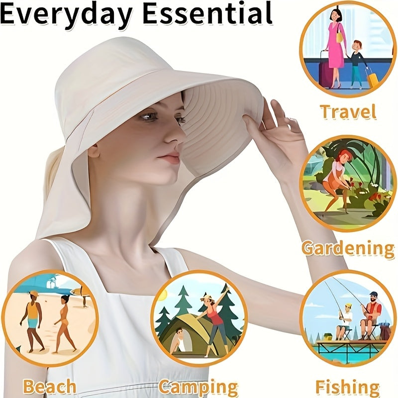 1pc Women'S Sun Hat with Neck Cover & Ponytail Hole - Wide Brim