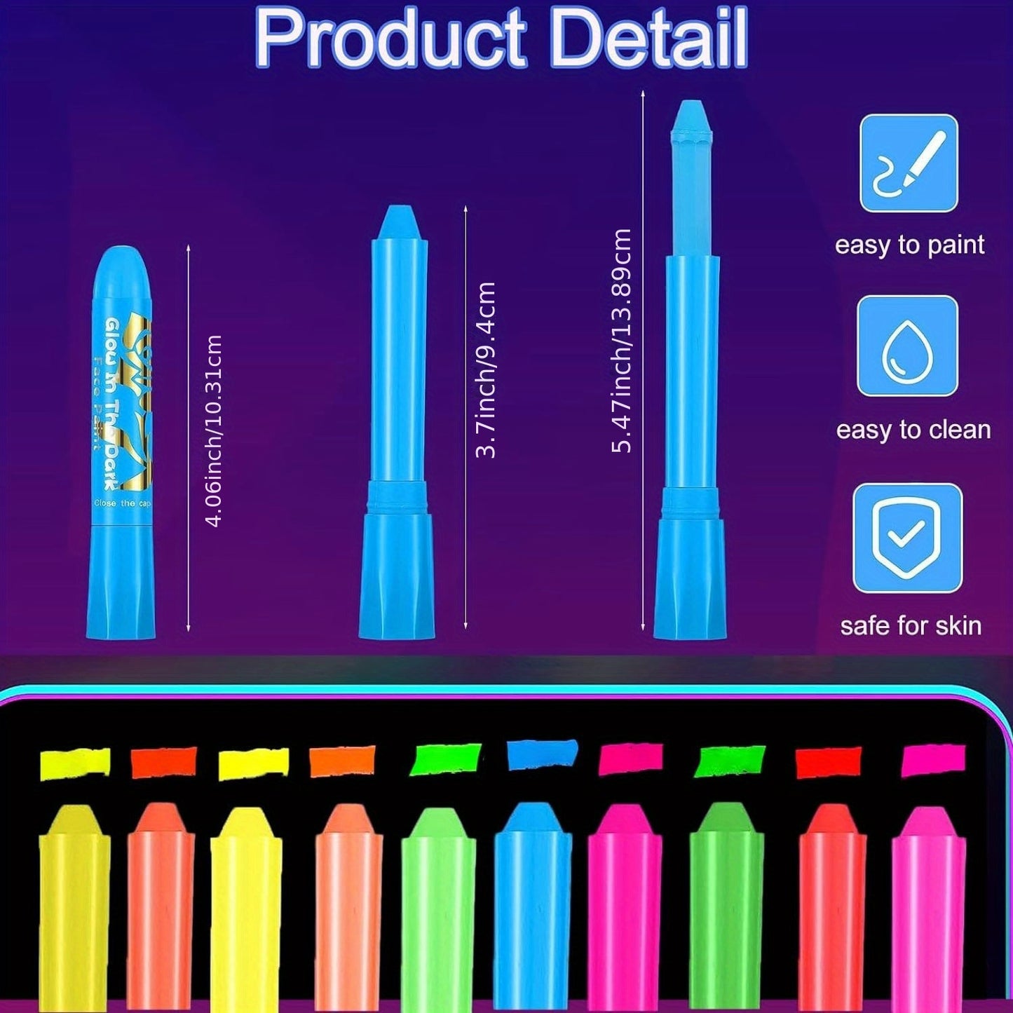10pcs Neon Glow-in-the-Dark Face & Body Paint Sticks